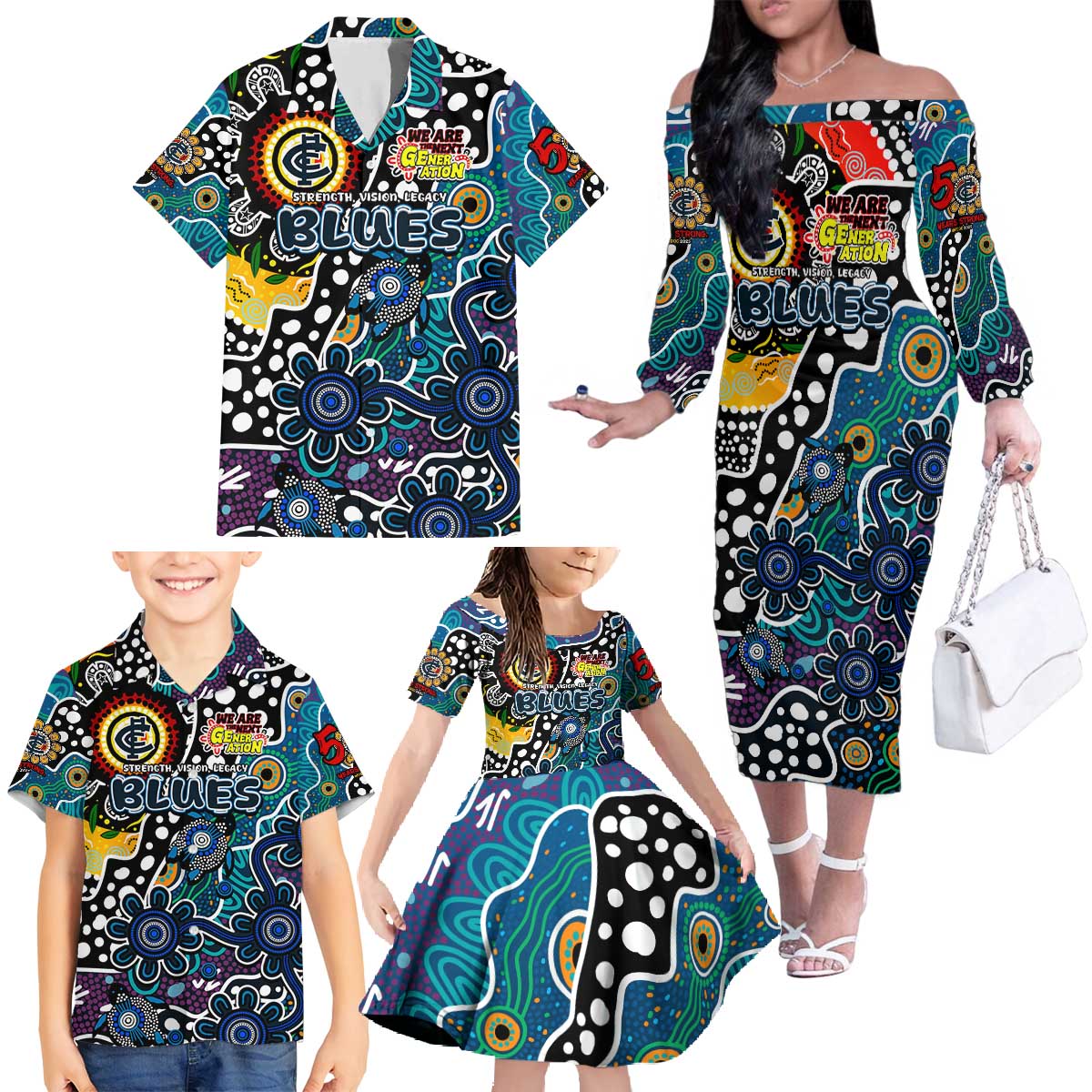 Personalised Blues AFL Celebrating 50 Years of Naidoc Family Matching Off The Shoulder Long Sleeve Dress and Hawaiian Shirt NAIDOC Week 2025 Aboriginal