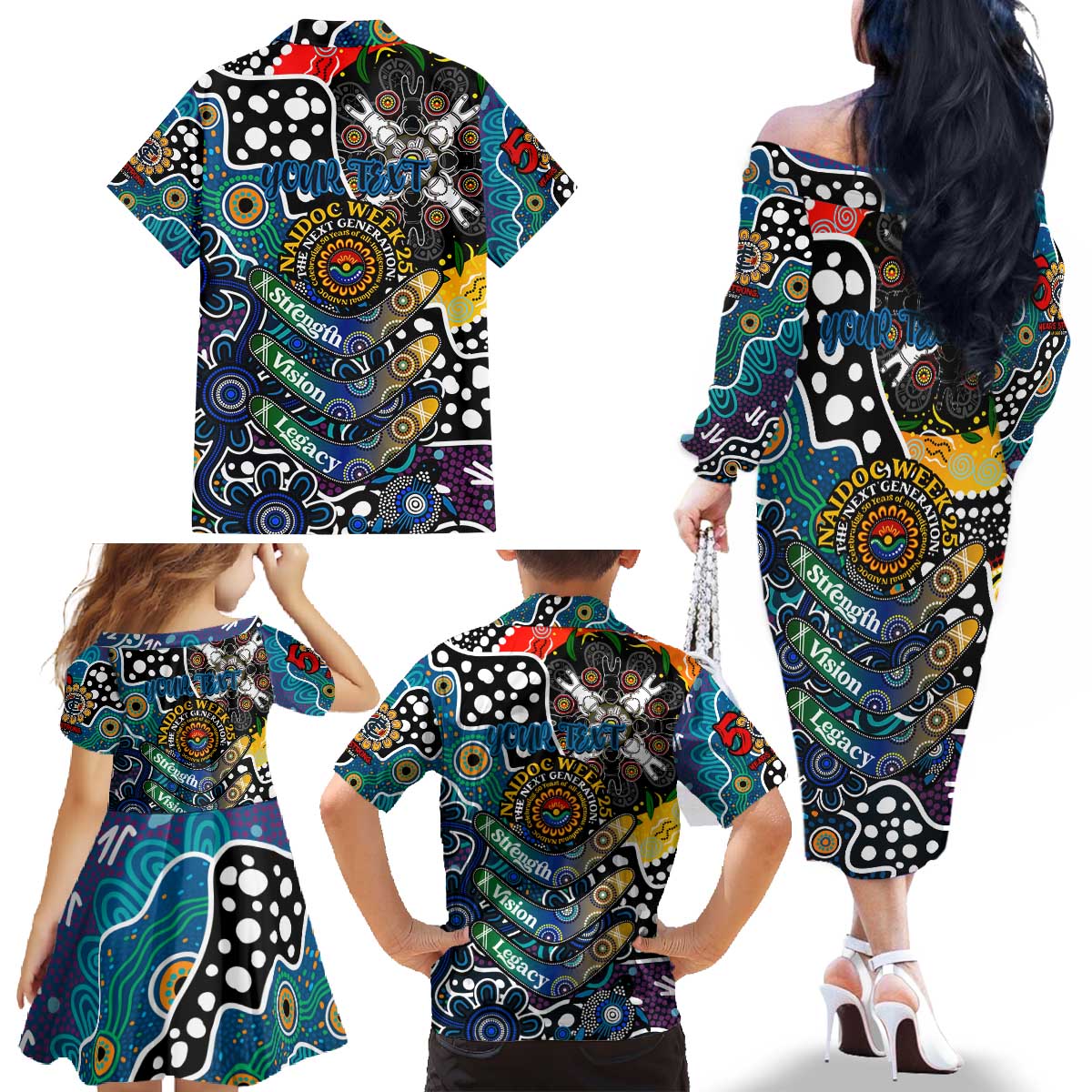 Personalised Blues AFL Celebrating 50 Years of Naidoc Family Matching Off The Shoulder Long Sleeve Dress and Hawaiian Shirt NAIDOC Week 2025 Aboriginal