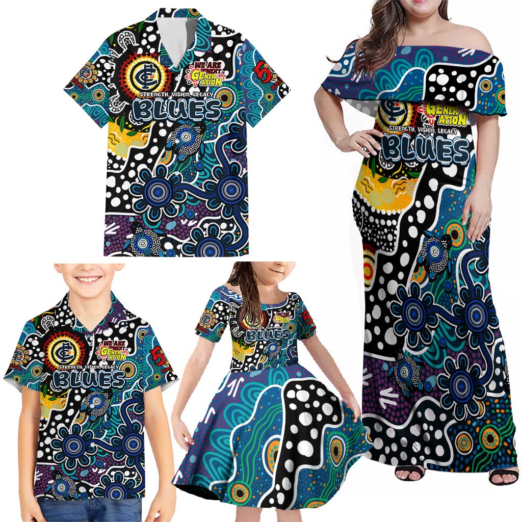Personalised Blues AFL Celebrating 50 Years of Naidoc Family Matching Off Shoulder Maxi Dress and Hawaiian Shirt NAIDOC Week 2025 Aboriginal