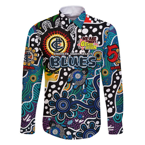 Personalised Blues AFL Celebrating 50 Years of Naidoc Family Matching Off Shoulder Maxi Dress and Hawaiian Shirt NAIDOC Week 2025 Aboriginal
