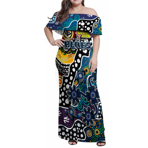Personalised Blues AFL Celebrating 50 Years of Naidoc Family Matching Off Shoulder Maxi Dress and Hawaiian Shirt NAIDOC Week 2025 Aboriginal