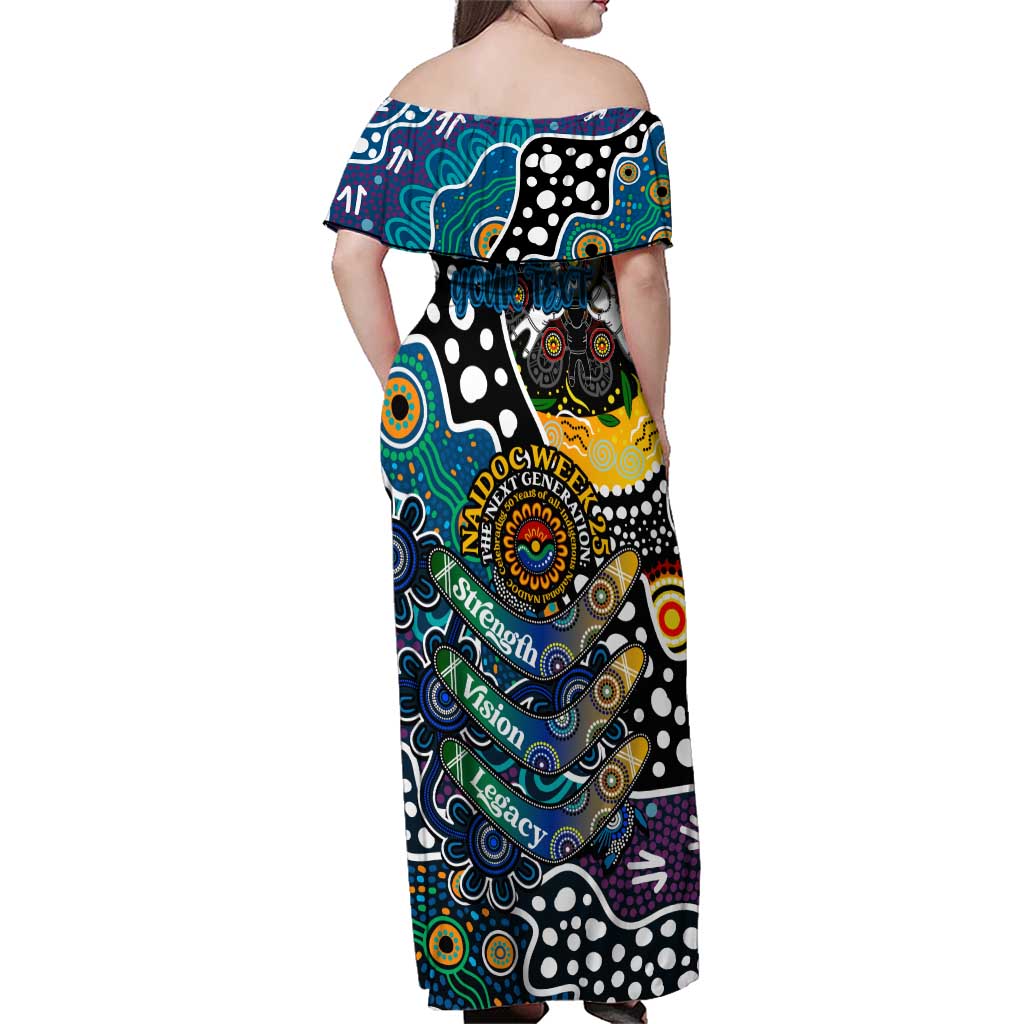 Personalised Blues AFL Celebrating 50 Years of Naidoc Family Matching Off Shoulder Maxi Dress and Hawaiian Shirt NAIDOC Week 2025 Aboriginal