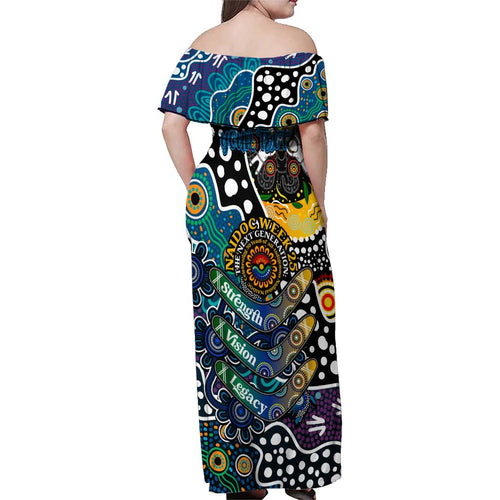 Personalised Blues AFL Celebrating 50 Years of Naidoc Family Matching Off Shoulder Maxi Dress and Hawaiian Shirt NAIDOC Week 2025 Aboriginal