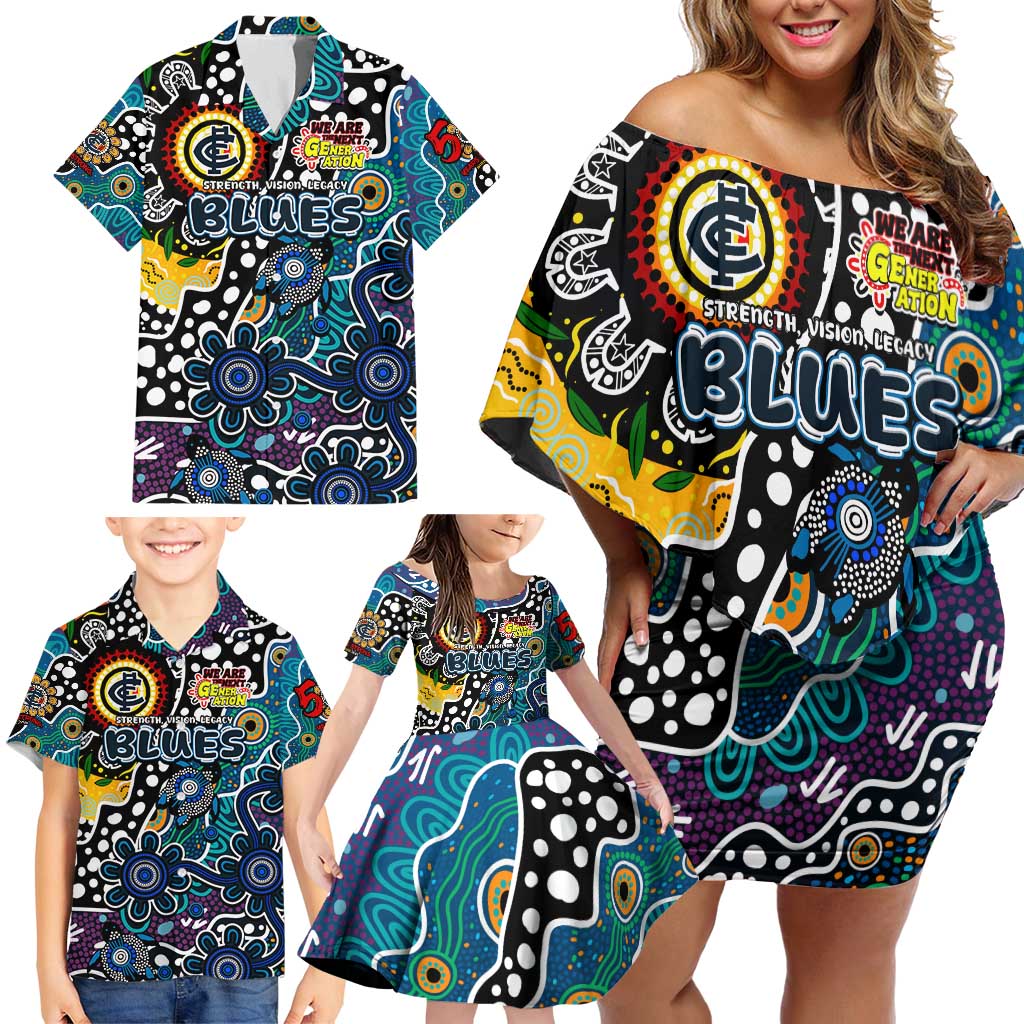 Personalised Blues AFL Celebrating 50 Years of Naidoc Family Matching Off Shoulder Short Dress and Hawaiian Shirt NAIDOC Week 2025 Aboriginal