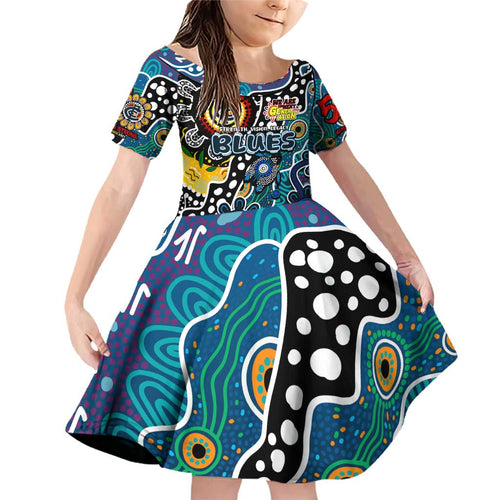 Personalised Blues AFL Celebrating 50 Years of Naidoc Family Matching Off Shoulder Short Dress and Hawaiian Shirt NAIDOC Week 2025 Aboriginal