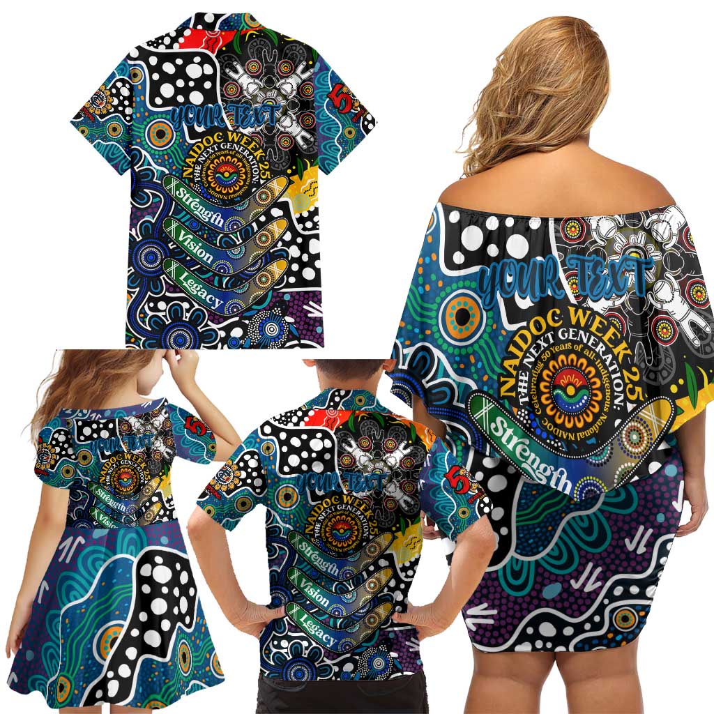 Personalised Blues AFL Celebrating 50 Years of Naidoc Family Matching Off Shoulder Short Dress and Hawaiian Shirt NAIDOC Week 2025 Aboriginal