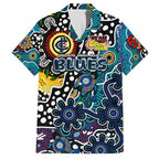 Personalised Blues AFL Celebrating 50 Years of Naidoc Family Matching Off Shoulder Short Dress and Hawaiian Shirt NAIDOC Week 2025 Aboriginal