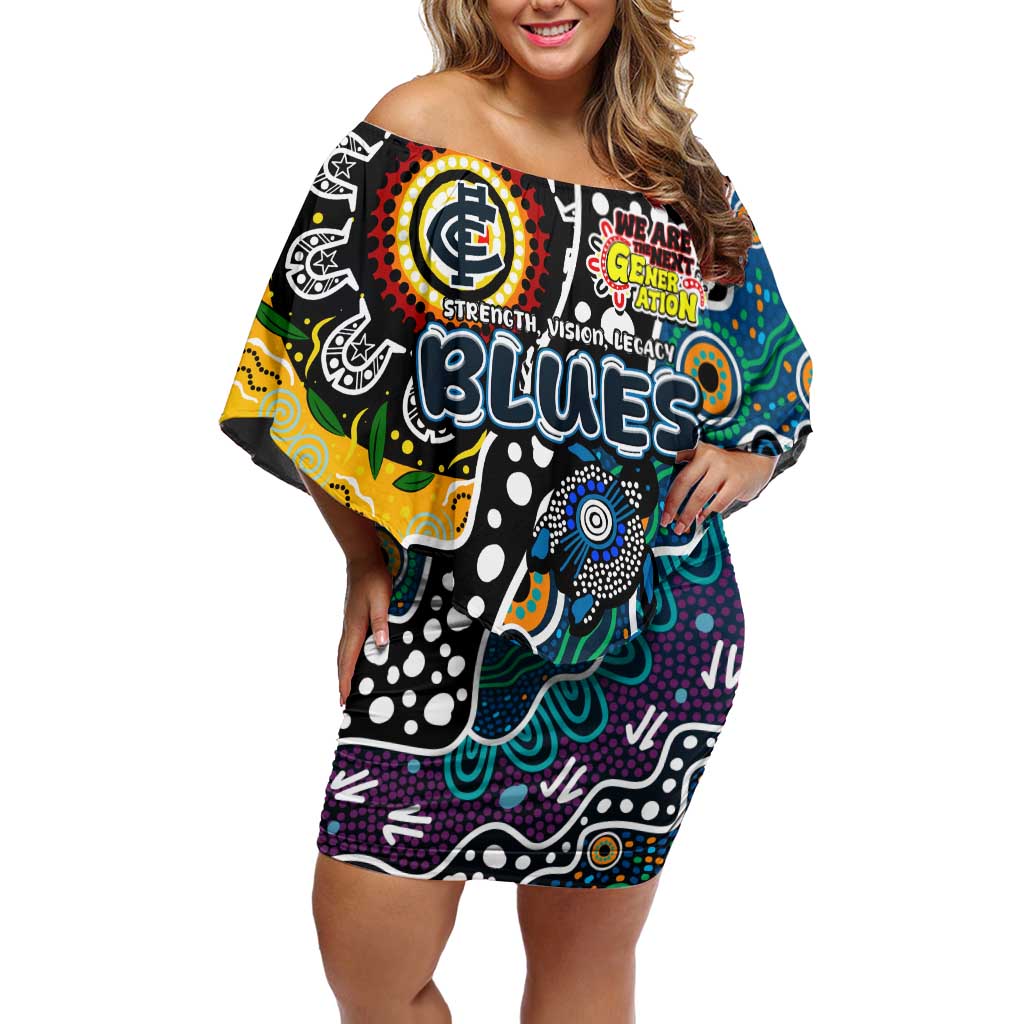 Personalised Blues AFL Celebrating 50 Years of Naidoc Family Matching Off Shoulder Short Dress and Hawaiian Shirt NAIDOC Week 2025 Aboriginal