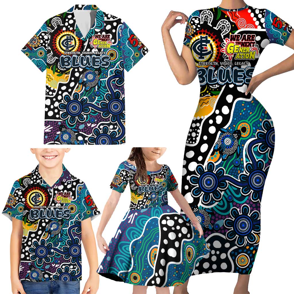 Personalised Blues AFL Celebrating 50 Years of Naidoc Family Matching Short Sleeve Bodycon Dress and Hawaiian Shirt NAIDOC Week 2025 Aboriginal