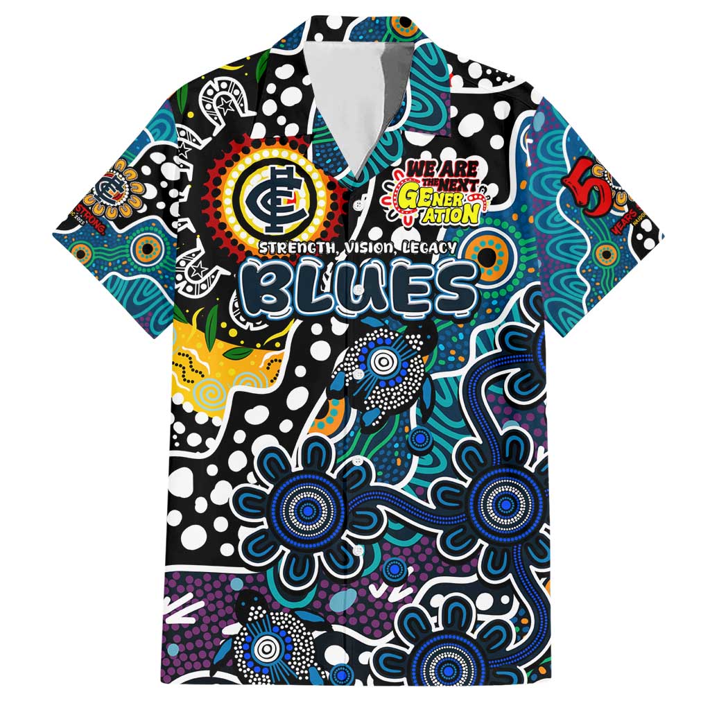 Personalised Blues AFL Celebrating 50 Years of Naidoc Family Matching Short Sleeve Bodycon Dress and Hawaiian Shirt NAIDOC Week 2025 Aboriginal