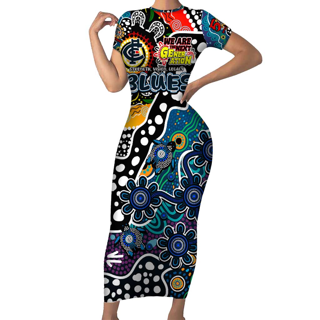 Personalised Blues AFL Celebrating 50 Years of Naidoc Family Matching Short Sleeve Bodycon Dress and Hawaiian Shirt NAIDOC Week 2025 Aboriginal