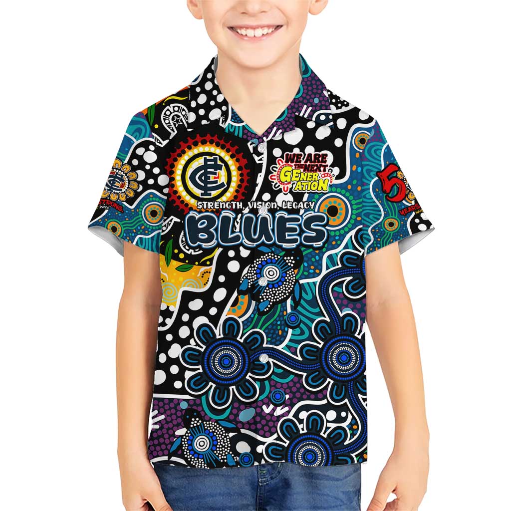 Personalised Blues AFL Celebrating 50 Years of Naidoc Family Matching Short Sleeve Bodycon Dress and Hawaiian Shirt NAIDOC Week 2025 Aboriginal