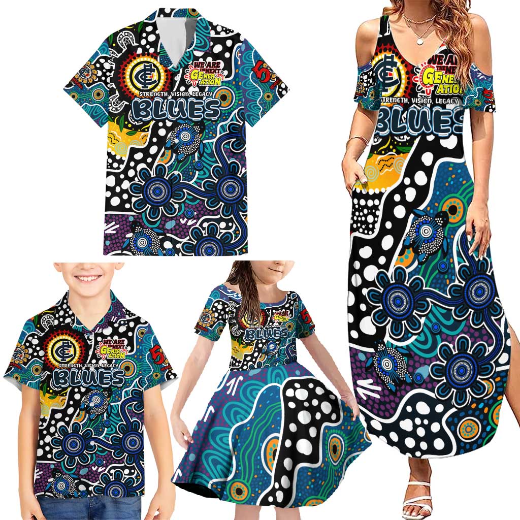 Personalised Blues AFL Celebrating 50 Years of Naidoc Family Matching Summer Maxi Dress and Hawaiian Shirt NAIDOC Week 2025 Aboriginal