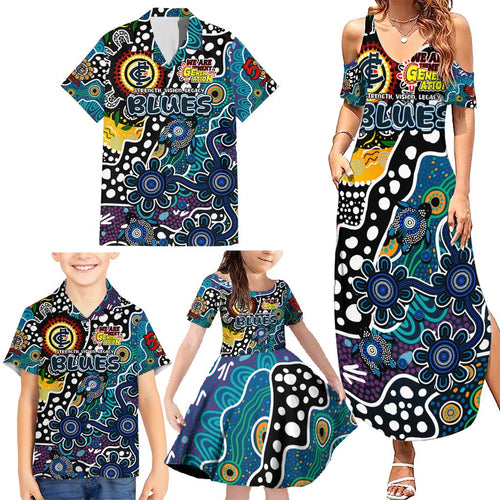 Personalised Blues AFL Celebrating 50 Years of Naidoc Family Matching Summer Maxi Dress and Hawaiian Shirt NAIDOC Week 2025 Aboriginal