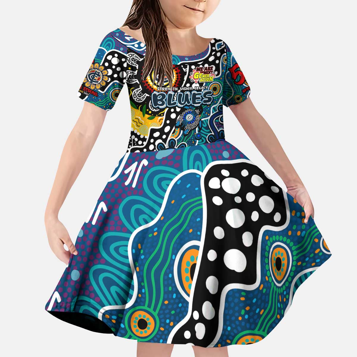 Personalised Blues AFL Celebrating 50 Years of Naidoc Kid Short Sleeve Dress NAIDOC Week 2025 Aboriginal