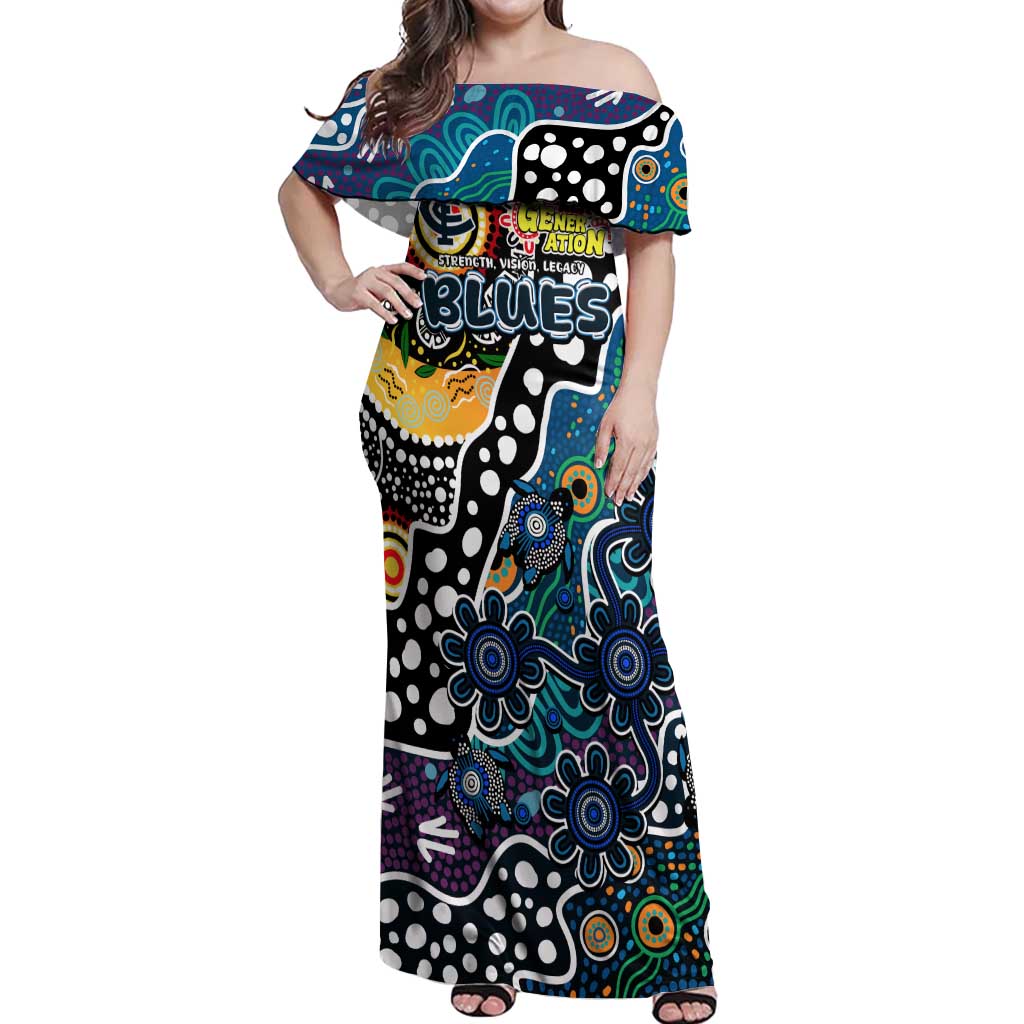 Personalised Blues AFL Celebrating 50 Years of Naidoc Off Shoulder Maxi Dress NAIDOC Week 2025 Aboriginal