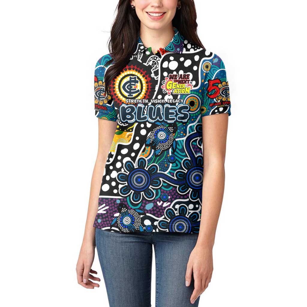 Personalised Blues AFL Celebrating 50 Years of Naidoc Women Polo Shirt NAIDOC Week 2025 Aboriginal