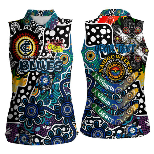 Personalised Blues AFL Celebrating 50 Years of Naidoc Women Sleeveless Polo Shirt NAIDOC Week 2025 Aboriginal