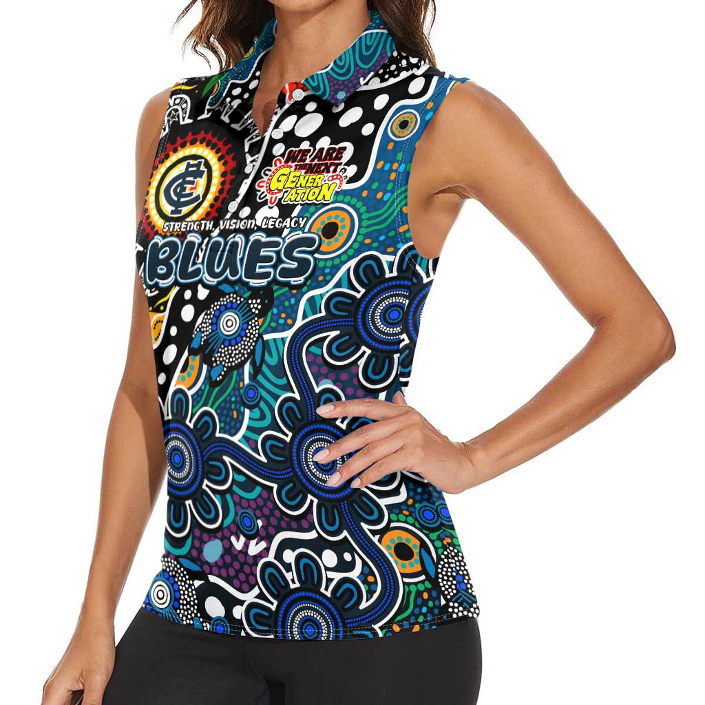 Personalised Blues AFL Celebrating 50 Years of Naidoc Women Sleeveless Polo Shirt NAIDOC Week 2025 Aboriginal