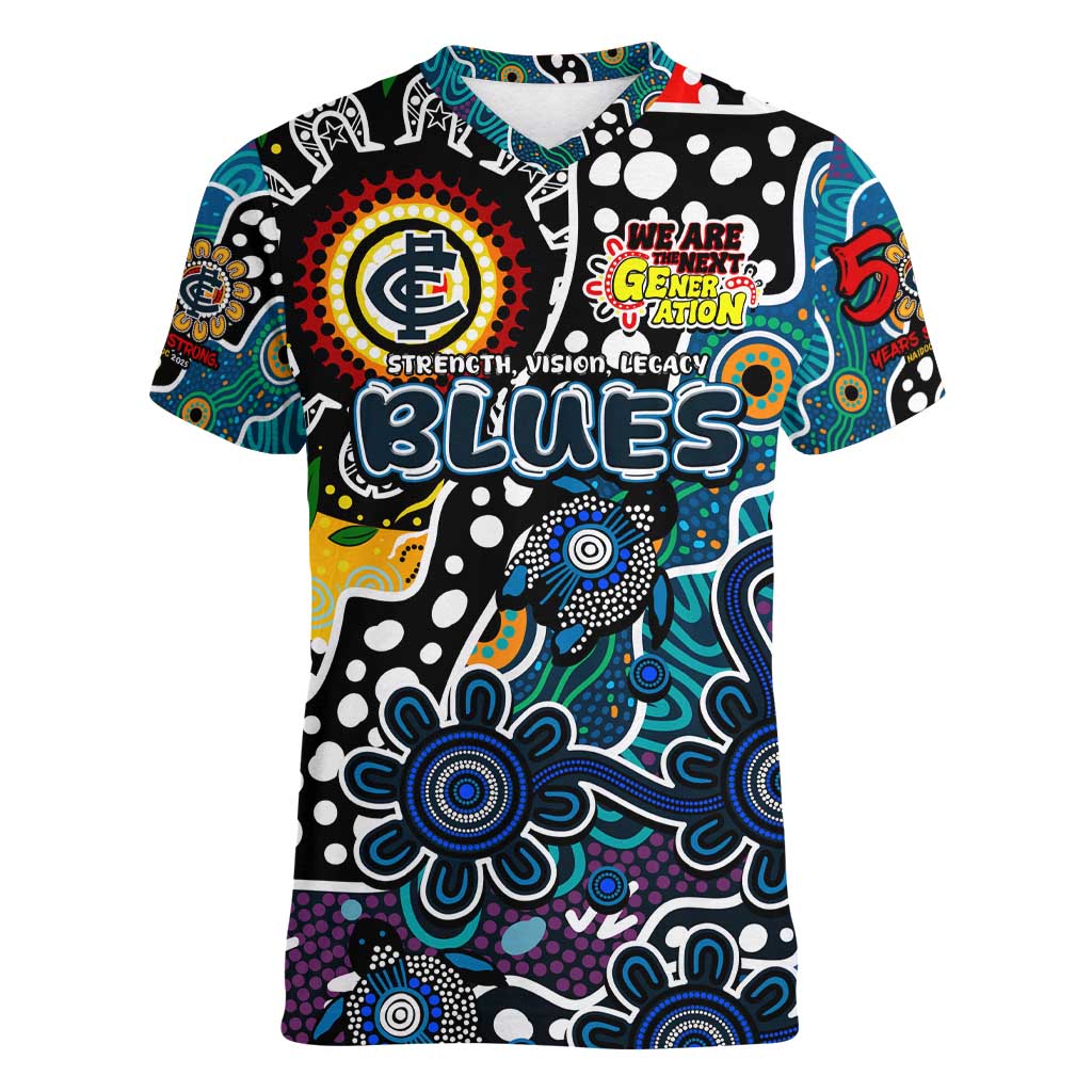 Personalised Blues AFL Celebrating 50 Years of Naidoc Women V-Neck T-Shirt NAIDOC Week 2025 Aboriginal
