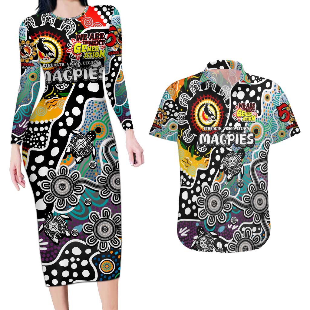Personalised Magpies AFL Celebrating 50 Years of Naidoc Couples Matching Long Sleeve Bodycon Dress and Hawaiian Shirt NAIDOC Week 2025 Aboriginal