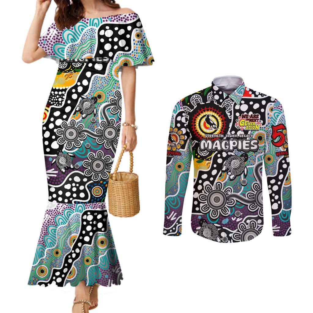 Personalised Magpies AFL Celebrating 50 Years of Naidoc Couples Matching Mermaid Dress and Long Sleeve Button Shirt NAIDOC Week 2025 Aboriginal