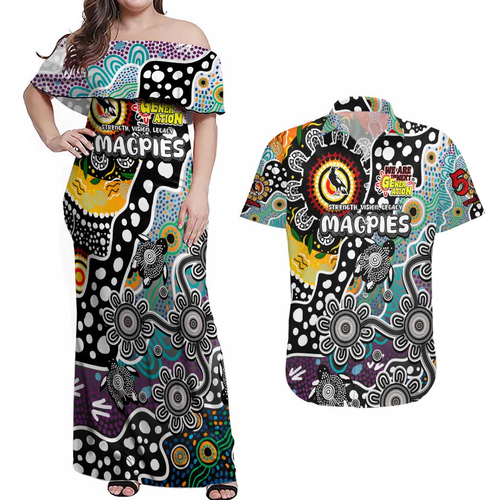 Personalised Magpies AFL Celebrating 50 Years of Naidoc Couples Matching Off Shoulder Maxi Dress and Hawaiian Shirt NAIDOC Week 2025 Aboriginal
