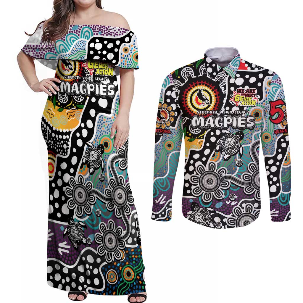 Personalised Magpies AFL Celebrating 50 Years of Naidoc Couples Matching Off Shoulder Maxi Dress and Long Sleeve Button Shirt NAIDOC Week 2025 Aboriginal