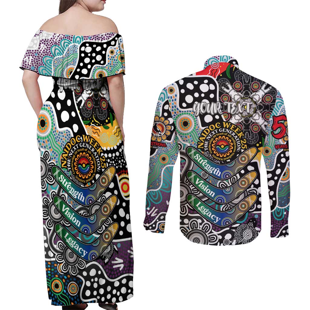Personalised Magpies AFL Celebrating 50 Years of Naidoc Couples Matching Off Shoulder Maxi Dress and Long Sleeve Button Shirt NAIDOC Week 2025 Aboriginal