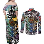 Personalised Magpies AFL Celebrating 50 Years of Naidoc Couples Matching Off Shoulder Maxi Dress and Long Sleeve Button Shirt NAIDOC Week 2025 Aboriginal