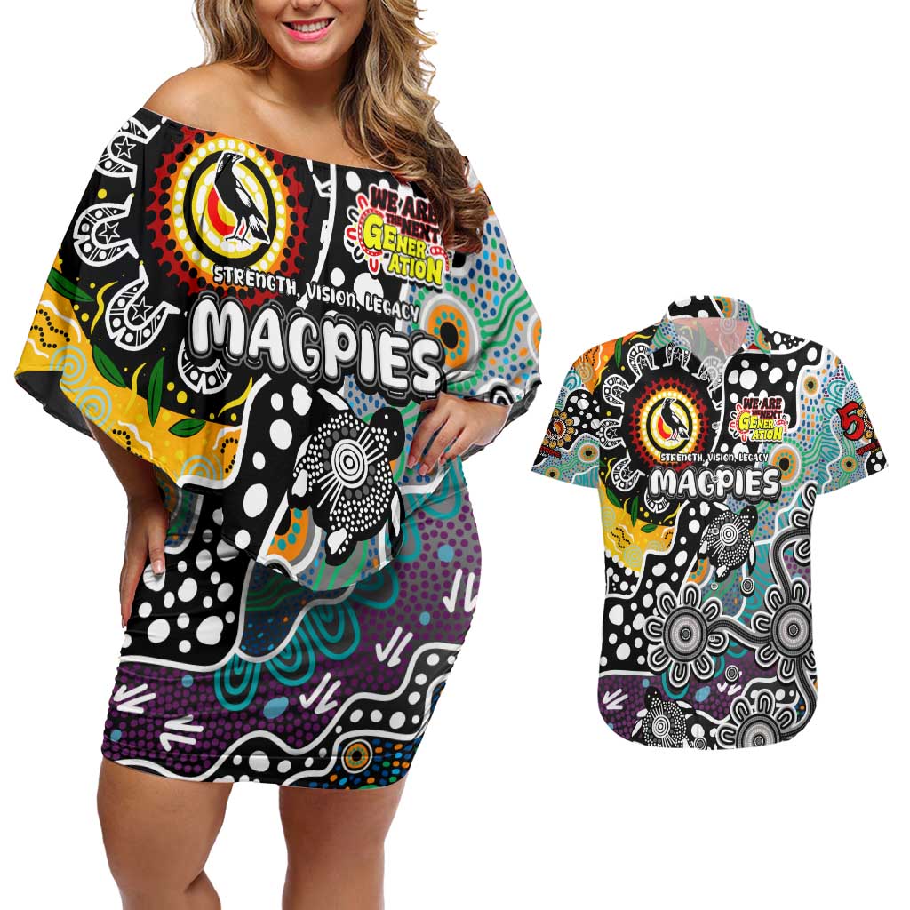 Personalised Magpies AFL Celebrating 50 Years of Naidoc Couples Matching Off Shoulder Short Dress and Hawaiian Shirt NAIDOC Week 2025 Aboriginal