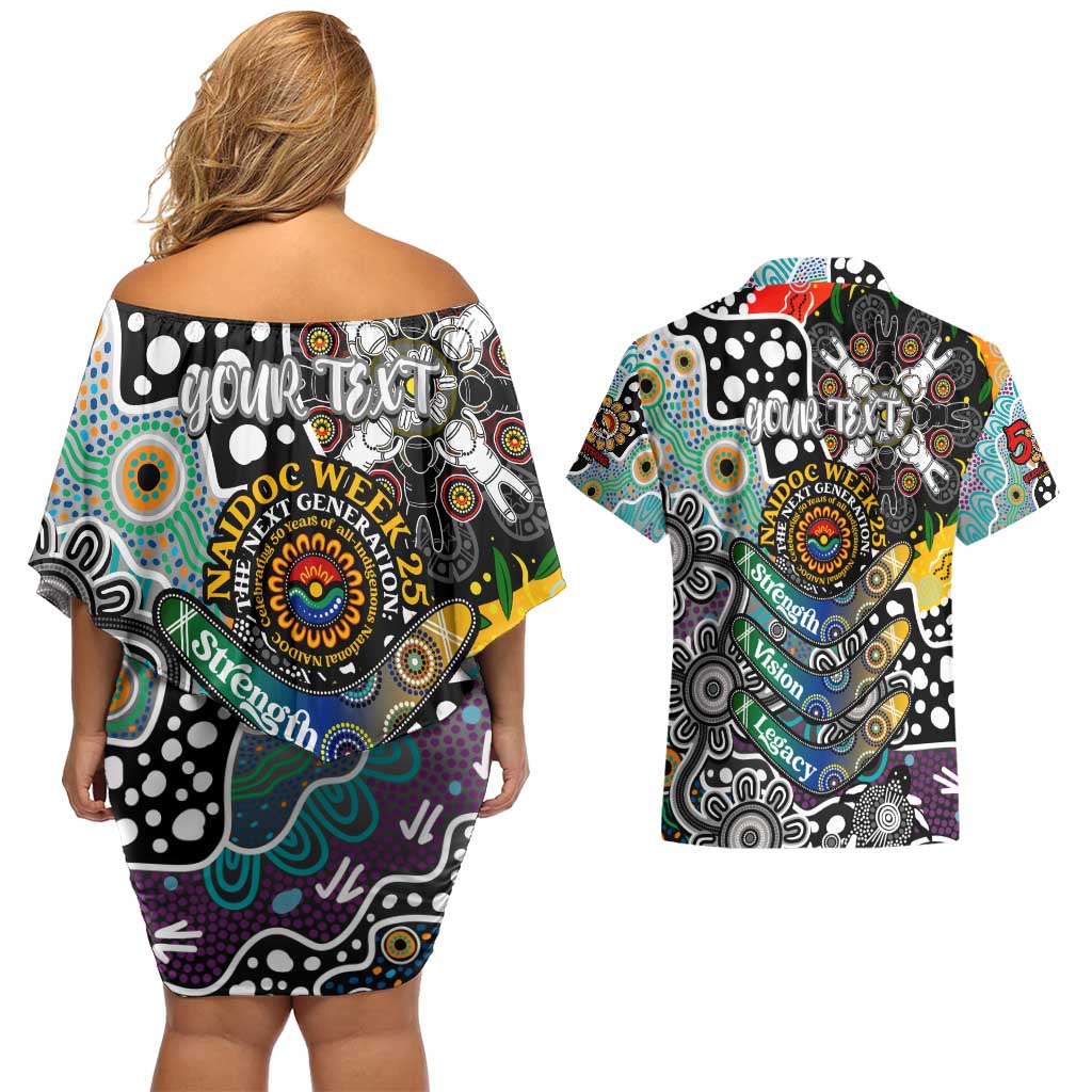 Personalised Magpies AFL Celebrating 50 Years of Naidoc Couples Matching Off Shoulder Short Dress and Hawaiian Shirt NAIDOC Week 2025 Aboriginal