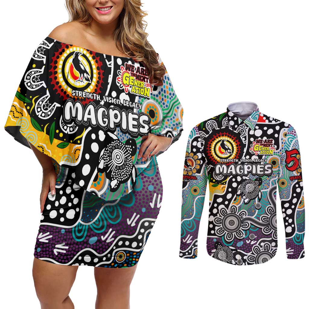 Personalised Magpies AFL Celebrating 50 Years of Naidoc Couples Matching Off Shoulder Short Dress and Long Sleeve Button Shirt NAIDOC Week 2025 Aboriginal