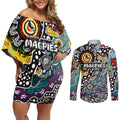 Personalised Magpies AFL Celebrating 50 Years of Naidoc Couples Matching Off Shoulder Short Dress and Long Sleeve Button Shirt NAIDOC Week 2025 Aboriginal