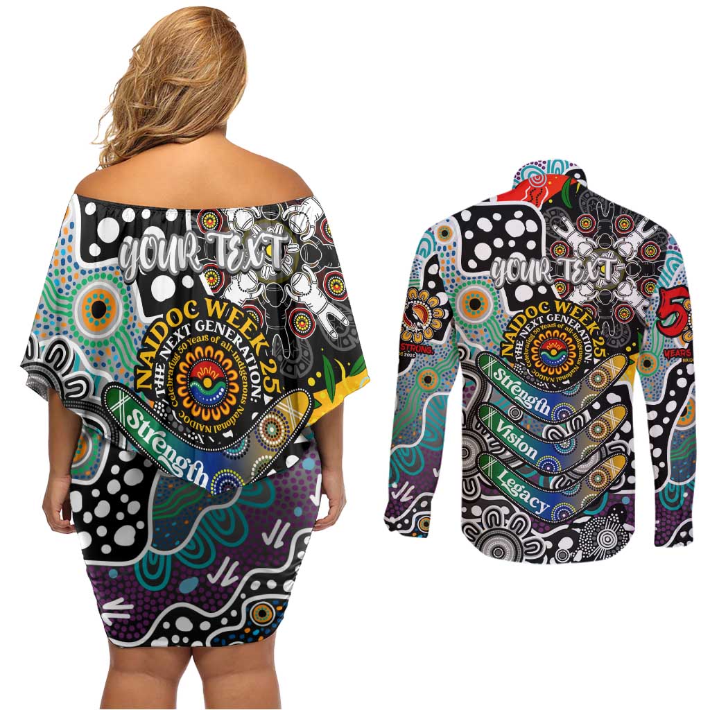 Personalised Magpies AFL Celebrating 50 Years of Naidoc Couples Matching Off Shoulder Short Dress and Long Sleeve Button Shirt NAIDOC Week 2025 Aboriginal