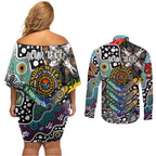 Personalised Magpies AFL Celebrating 50 Years of Naidoc Couples Matching Off Shoulder Short Dress and Long Sleeve Button Shirt NAIDOC Week 2025 Aboriginal