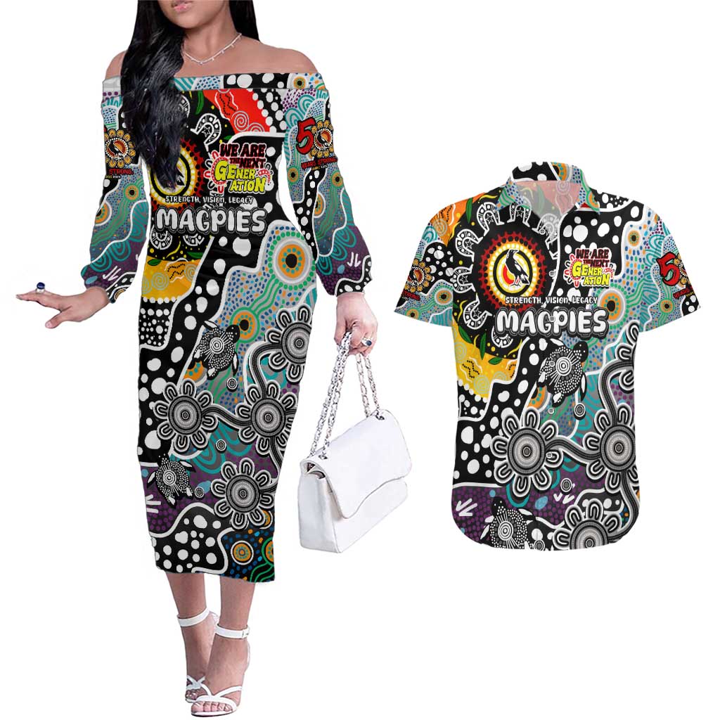 Personalised Magpies AFL Celebrating 50 Years of Naidoc Couples Matching Off The Shoulder Long Sleeve Dress and Hawaiian Shirt NAIDOC Week 2025 Aboriginal