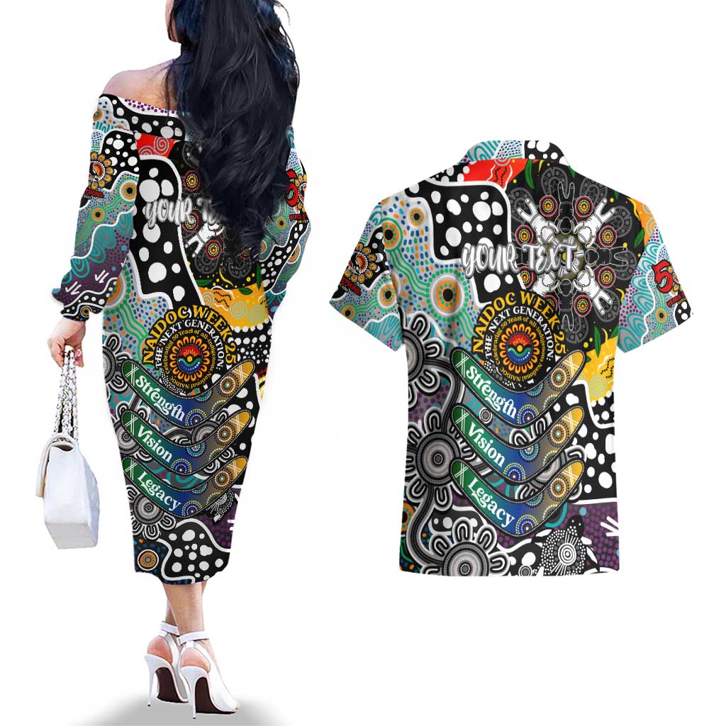 Personalised Magpies AFL Celebrating 50 Years of Naidoc Couples Matching Off The Shoulder Long Sleeve Dress and Hawaiian Shirt NAIDOC Week 2025 Aboriginal