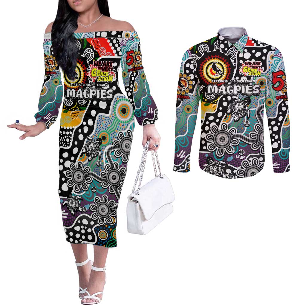 Personalised Magpies AFL Celebrating 50 Years of Naidoc Couples Matching Off The Shoulder Long Sleeve Dress and Long Sleeve Button Shirt NAIDOC Week 2025 Aboriginal