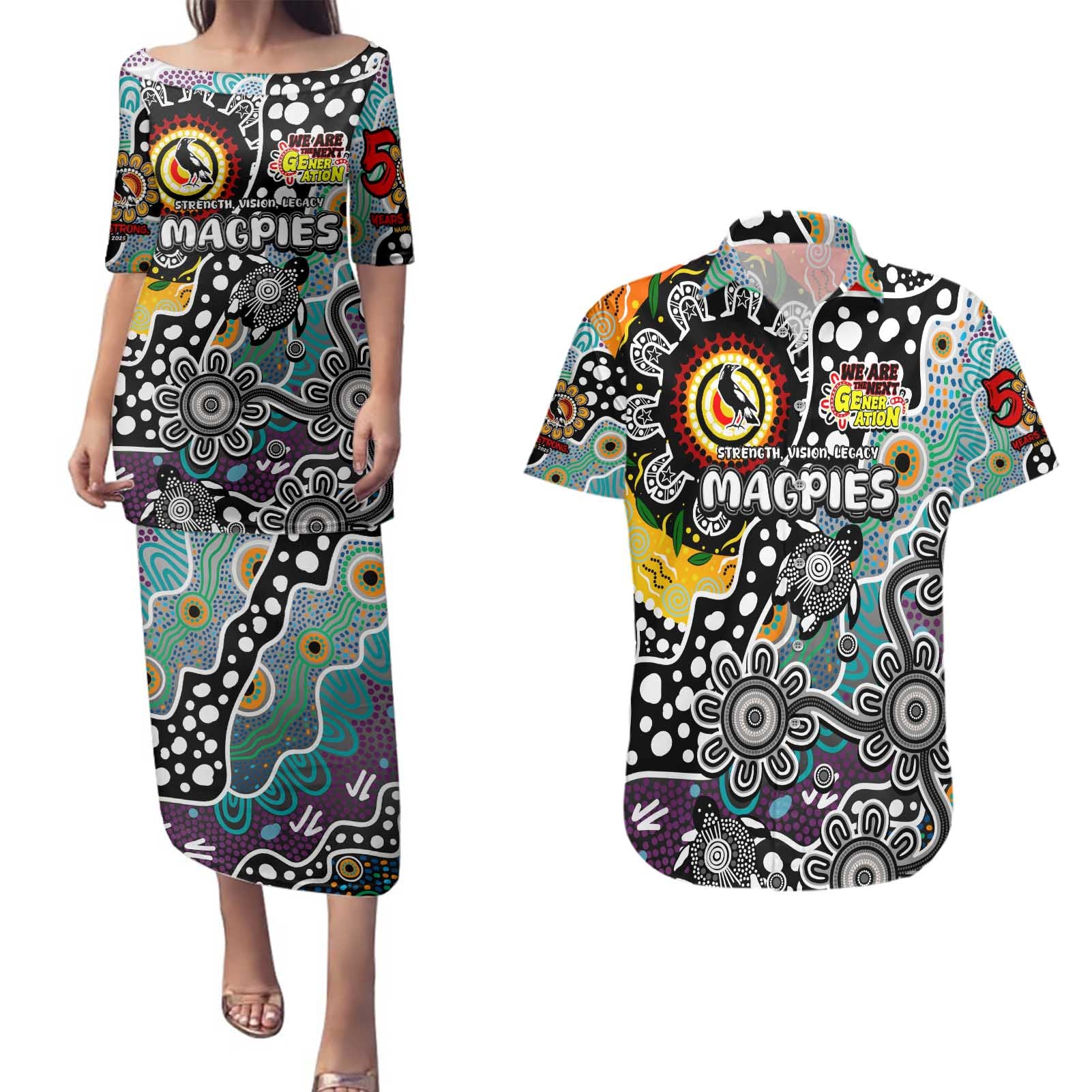 Personalised Magpies AFL Celebrating 50 Years of Naidoc Couples Matching Puletasi and Hawaiian Shirt NAIDOC Week 2025 Aboriginal