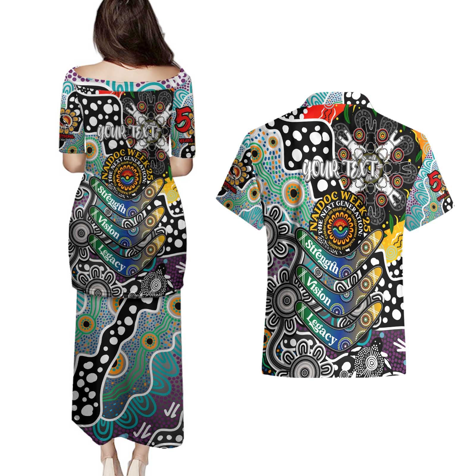 Personalised Magpies AFL Celebrating 50 Years of Naidoc Couples Matching Puletasi and Hawaiian Shirt NAIDOC Week 2025 Aboriginal