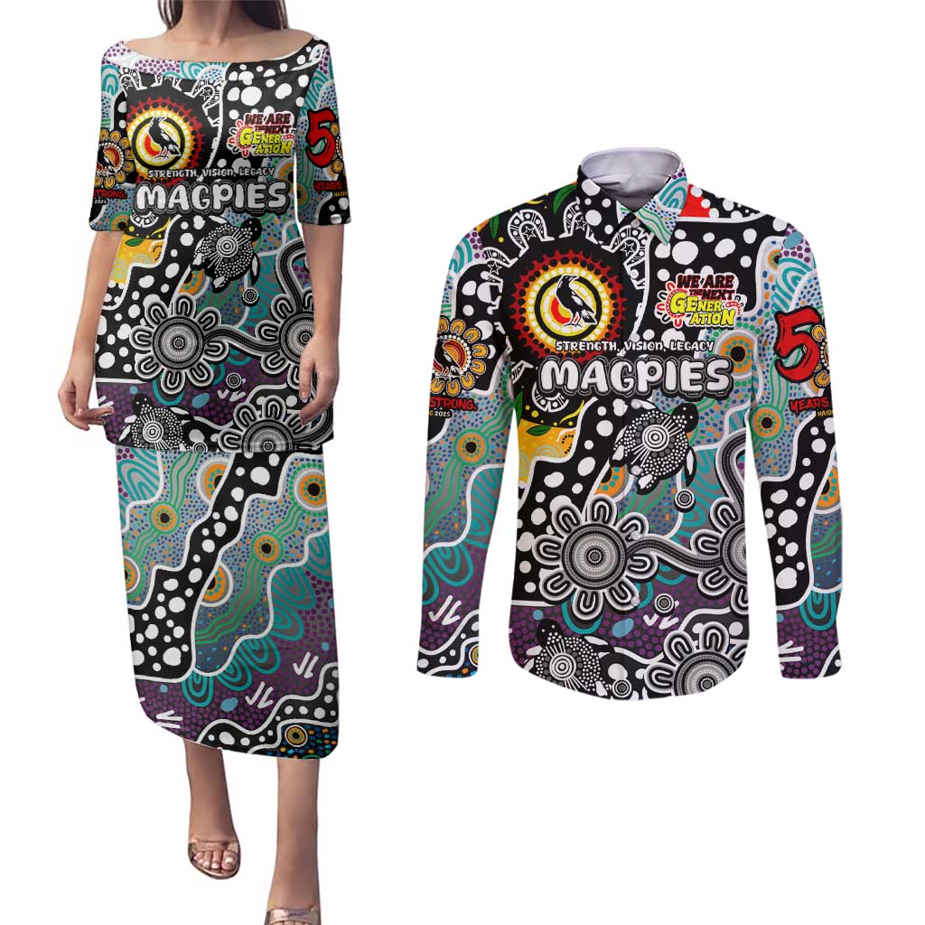 Personalised Magpies AFL Celebrating 50 Years of Naidoc Couples Matching Puletasi and Long Sleeve Button Shirt NAIDOC Week 2025 Aboriginal