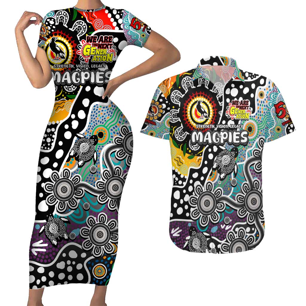 Personalised Magpies AFL Celebrating 50 Years of Naidoc Couples Matching Short Sleeve Bodycon Dress and Hawaiian Shirt NAIDOC Week 2025 Aboriginal