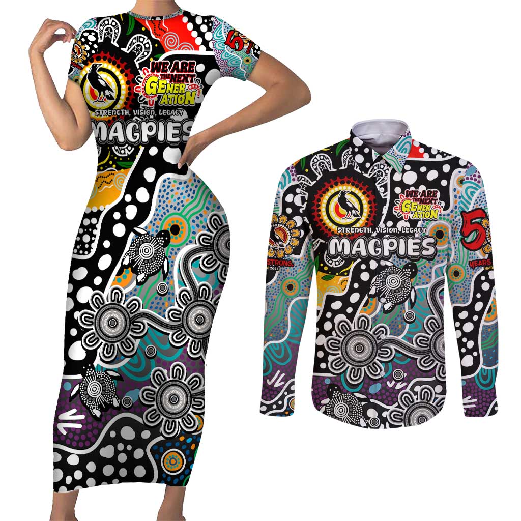 Personalised Magpies AFL Celebrating 50 Years of Naidoc Couples Matching Short Sleeve Bodycon Dress and Long Sleeve Button Shirt NAIDOC Week 2025 Aboriginal