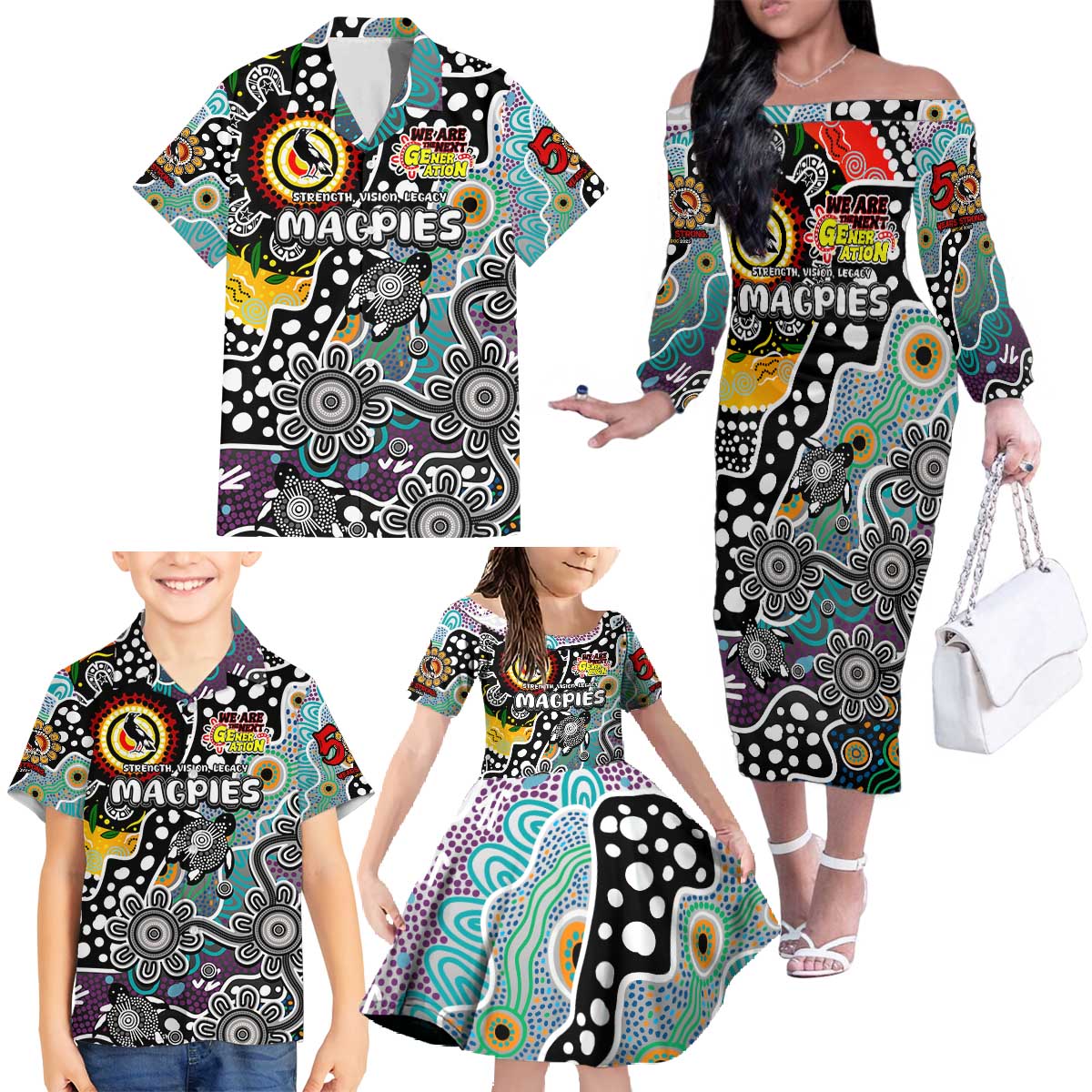 Personalised Magpies AFL Celebrating 50 Years of Naidoc Family Matching Off The Shoulder Long Sleeve Dress and Hawaiian Shirt NAIDOC Week 2025 Aboriginal