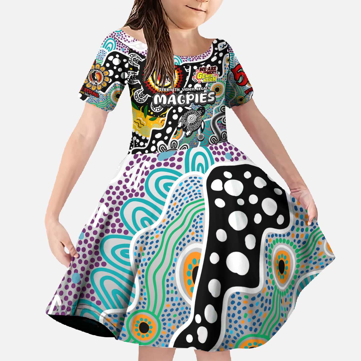 Personalised Magpies AFL Celebrating 50 Years of Naidoc Family Matching Off The Shoulder Long Sleeve Dress and Hawaiian Shirt NAIDOC Week 2025 Aboriginal