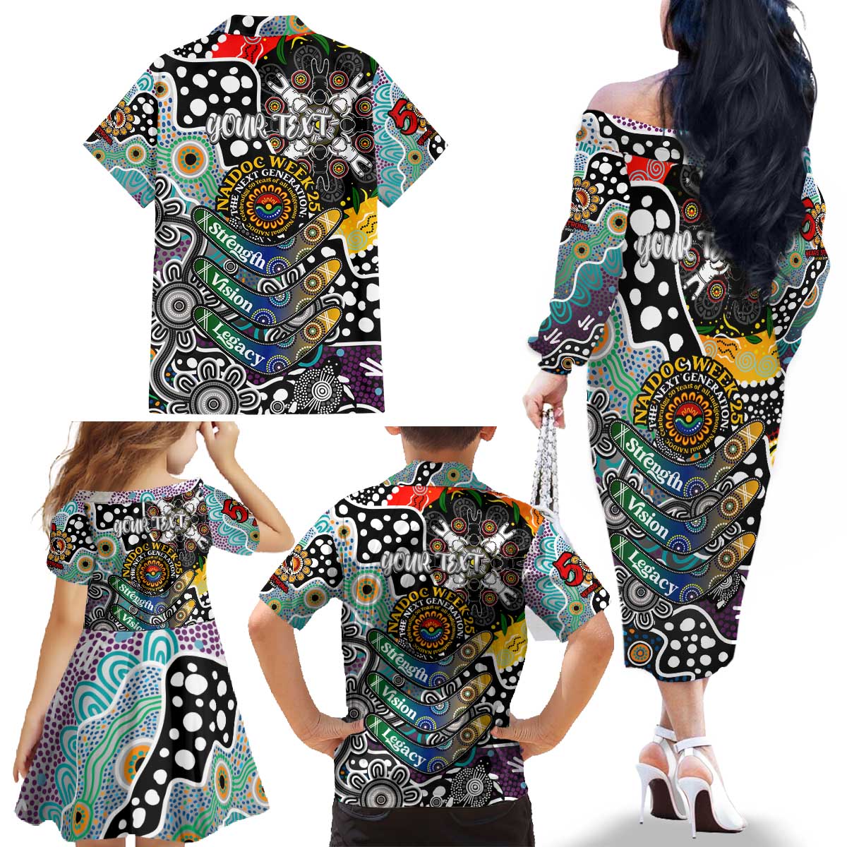Personalised Magpies AFL Celebrating 50 Years of Naidoc Family Matching Off The Shoulder Long Sleeve Dress and Hawaiian Shirt NAIDOC Week 2025 Aboriginal