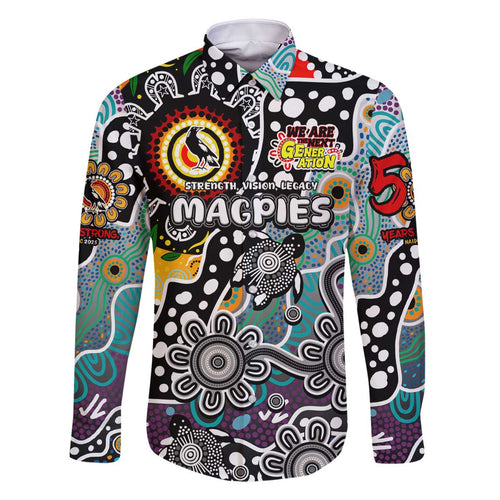 Personalised Magpies AFL Celebrating 50 Years of Naidoc Family Matching Off The Shoulder Long Sleeve Dress and Hawaiian Shirt NAIDOC Week 2025 Aboriginal
