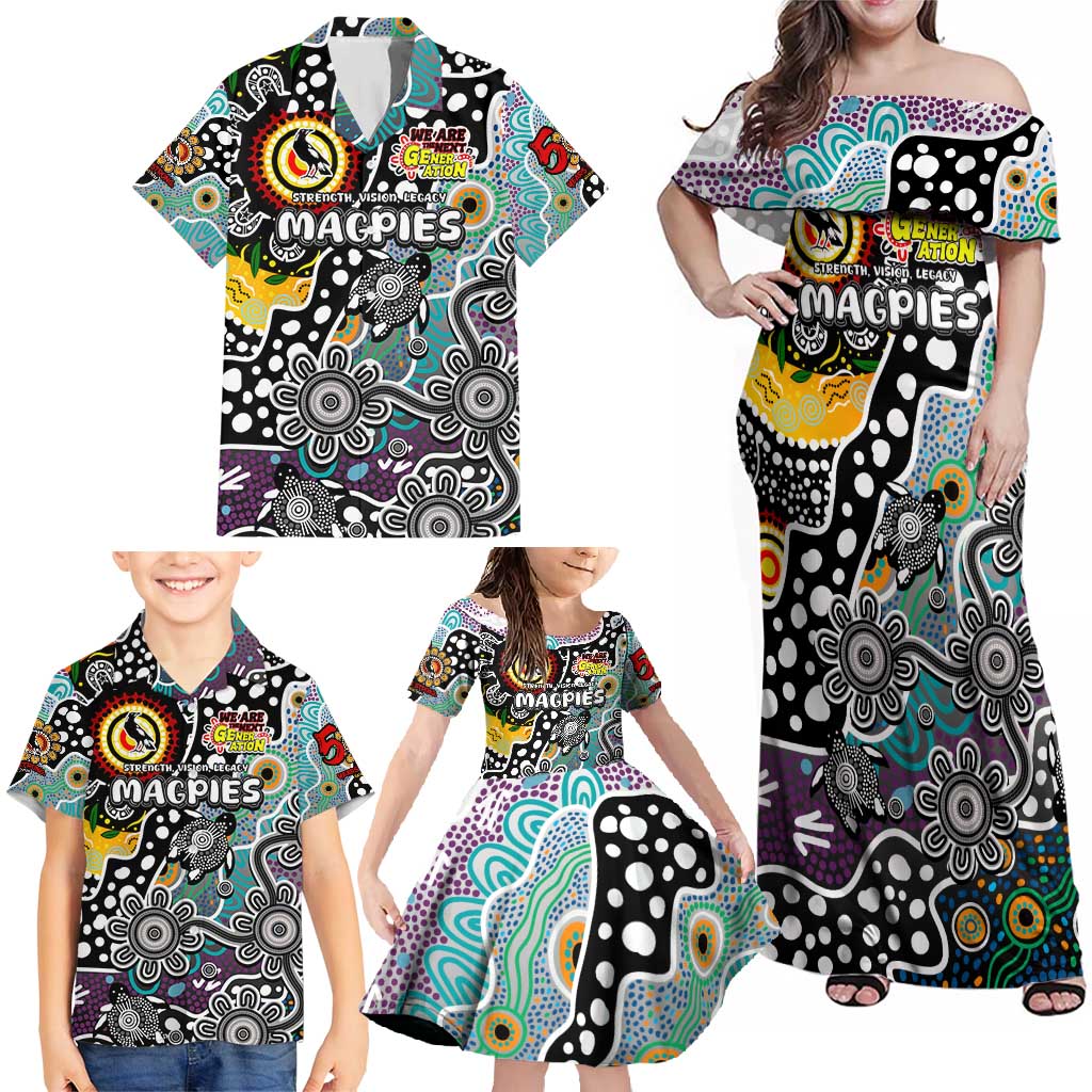 Personalised Magpies AFL Celebrating 50 Years of Naidoc Family Matching Off Shoulder Maxi Dress and Hawaiian Shirt NAIDOC Week 2025 Aboriginal