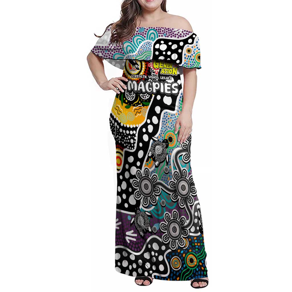 Personalised Magpies AFL Celebrating 50 Years of Naidoc Family Matching Off Shoulder Maxi Dress and Hawaiian Shirt NAIDOC Week 2025 Aboriginal